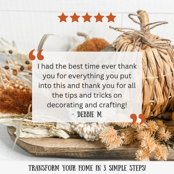 Decorative arrangement with a pumpkin and text expressing gratitude, featuring a five-star rating.