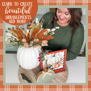 Woman arranging flowers in a white pumpkin vase with text overlay on a plaid background