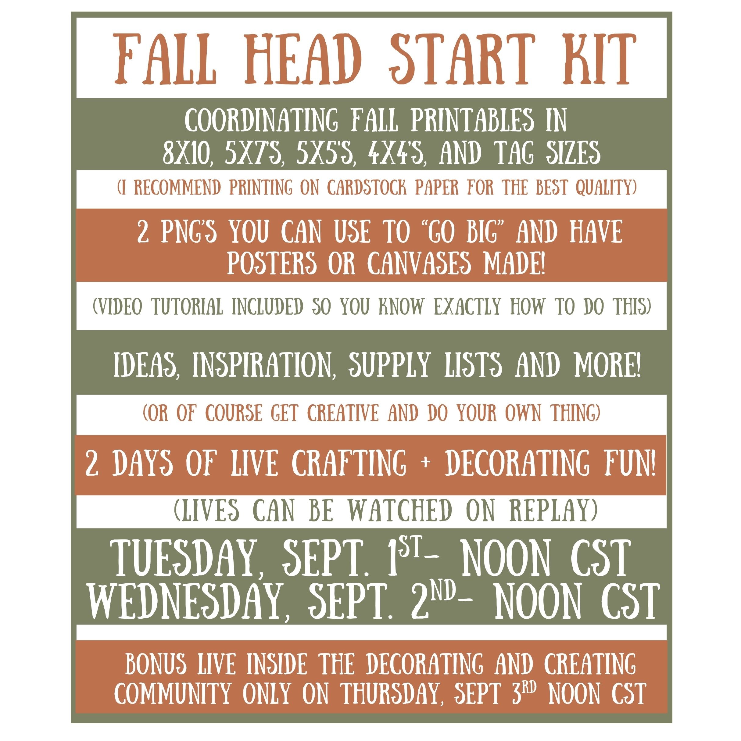 Fall Head Start Kit schedule