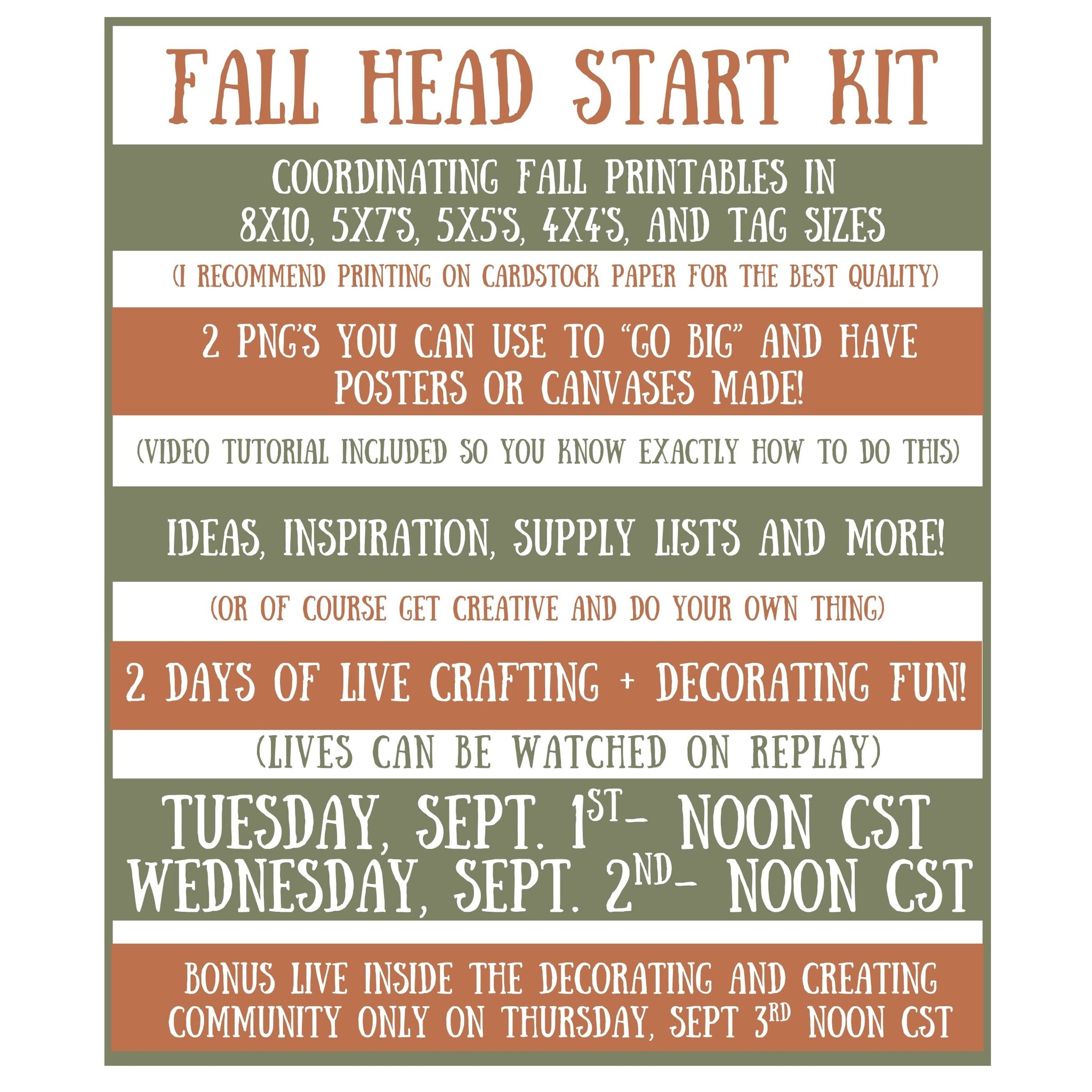 Fall Head Start Kit schedule