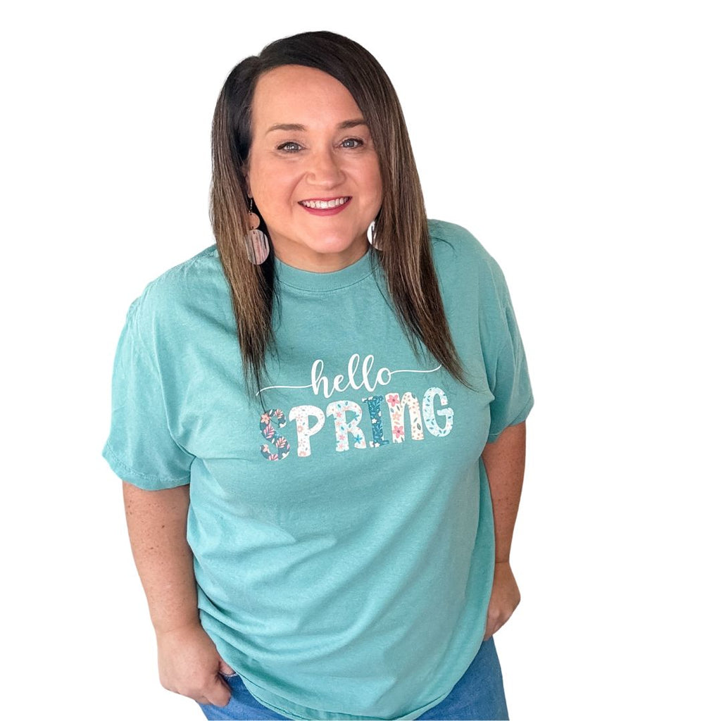 hello spring short sleeve t shirt teal stacey