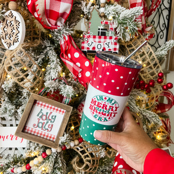 Christmas tumbler Infront of Christmas Tree 